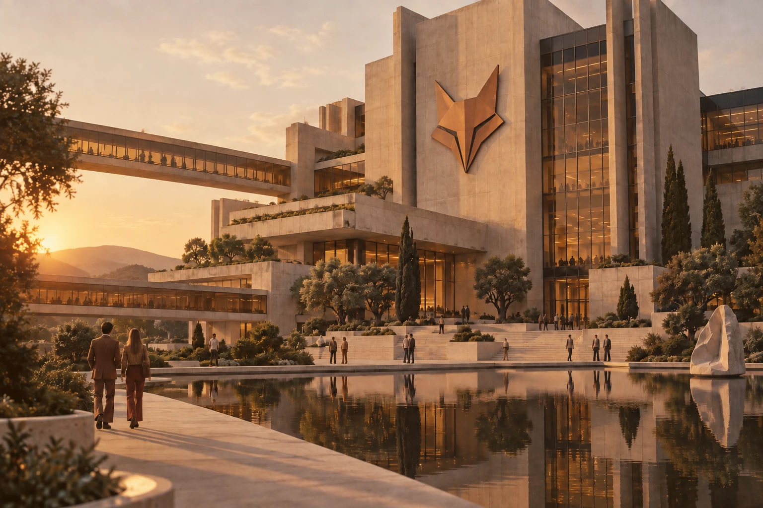 Vulpecula's monumental concrete and amber-glass research campus, with a fox insignia and reflecting pool at sunset.