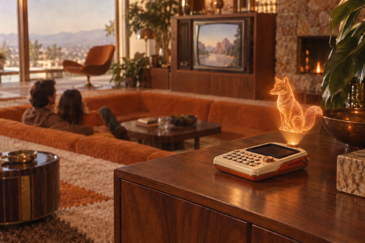 A cream and orange handheld device projecting an amber holographic fox from a dedicated top-edge emitter, in a walnut-paneled living room with a CRT television.