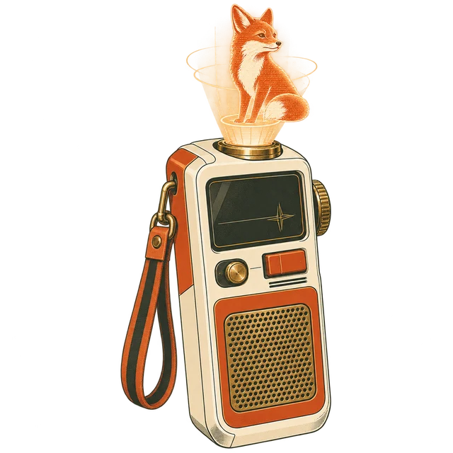 Personal communicator projecting a fox hologram from a top-edge emitter