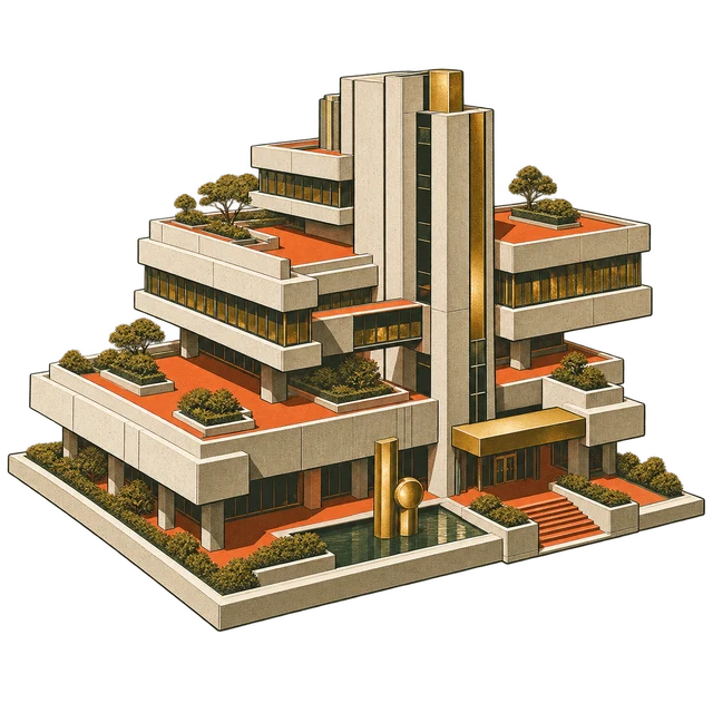 Illustrated architectural model of a terraced office complex