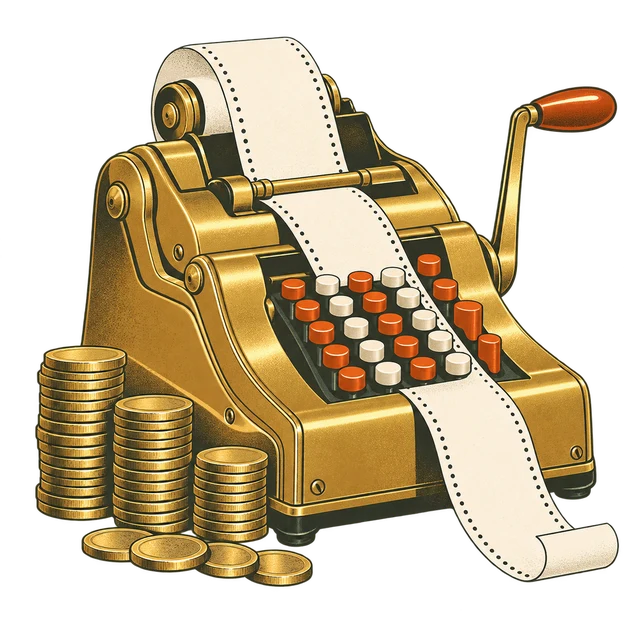 Adding machine, paper tape, and coins illustration