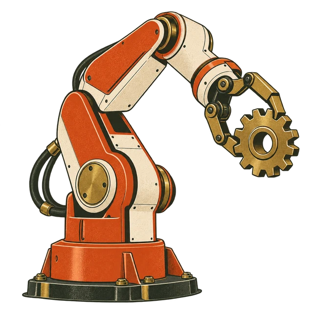 Industrial robot arm holding a gear