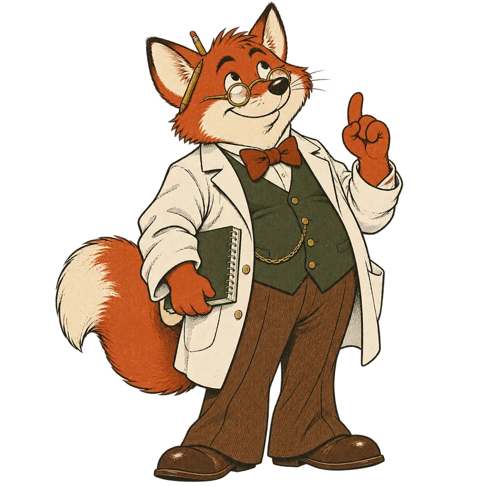 A cheerful, round-bellied fox professor with round spectacles, a rumpled lab coat, a bow tie, and an upside-down notebook