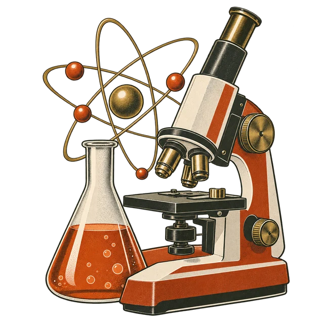 Microscope, flask, and atomic research illustration