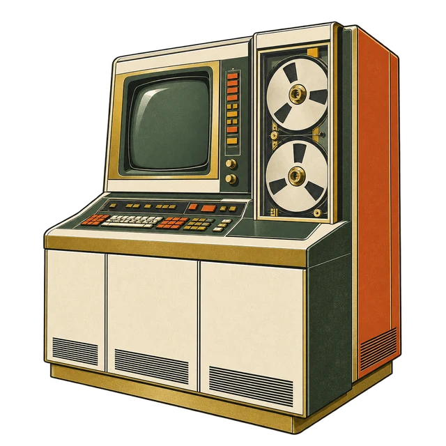 Illustration of a Vulpecula Thinking Machine with CRT and tape drives