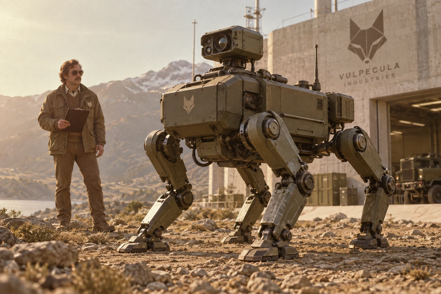 Sentinel four-limbed military robot beside a Vulpecula engineer
