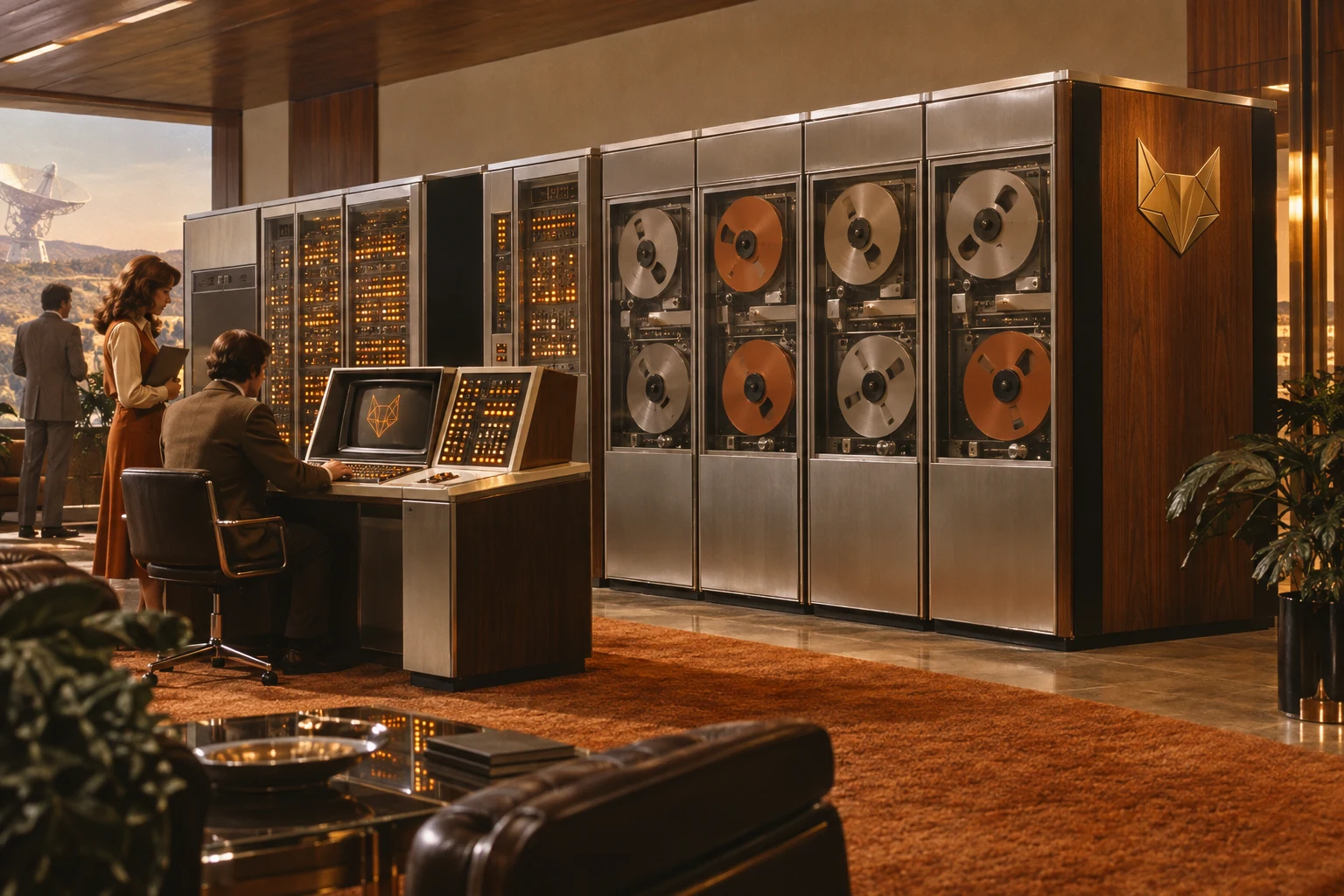 A conscious mainframe with brushed aluminum cabinets, amber indicator lamps, reel-to-reel tape drives, and a CRT console.