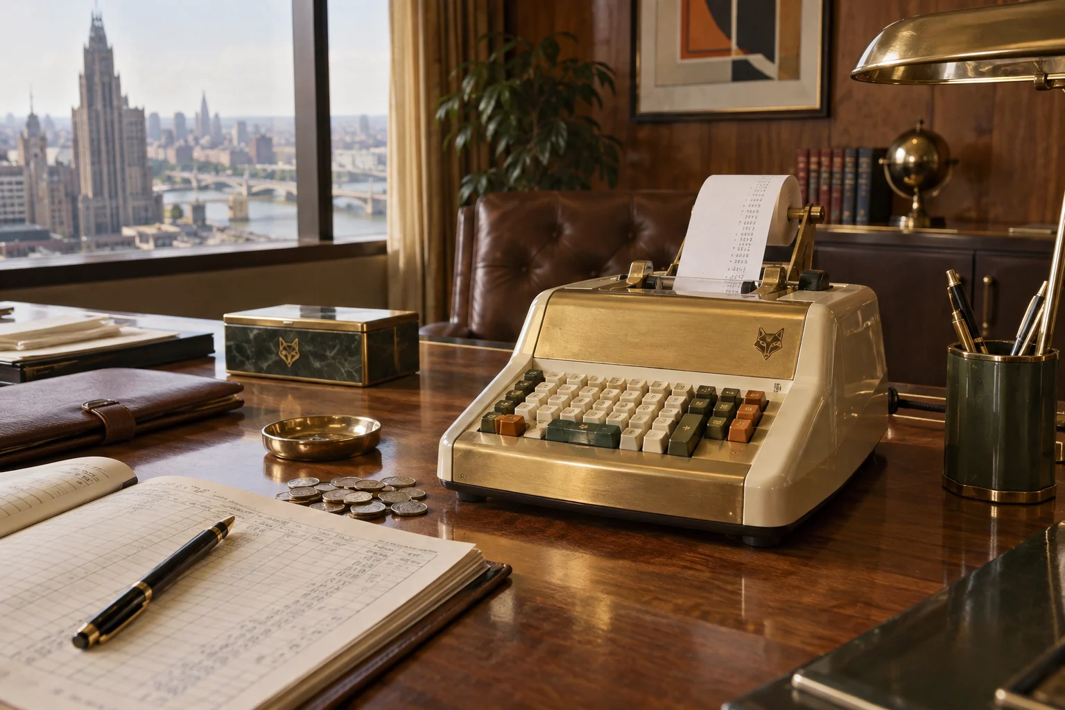 An adding machine, paper roll, and business ledger