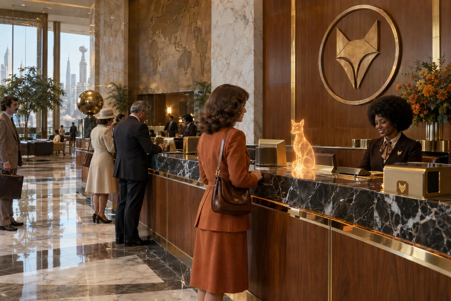 Customers and a holographic service assistant in a Vulpecula bank branch