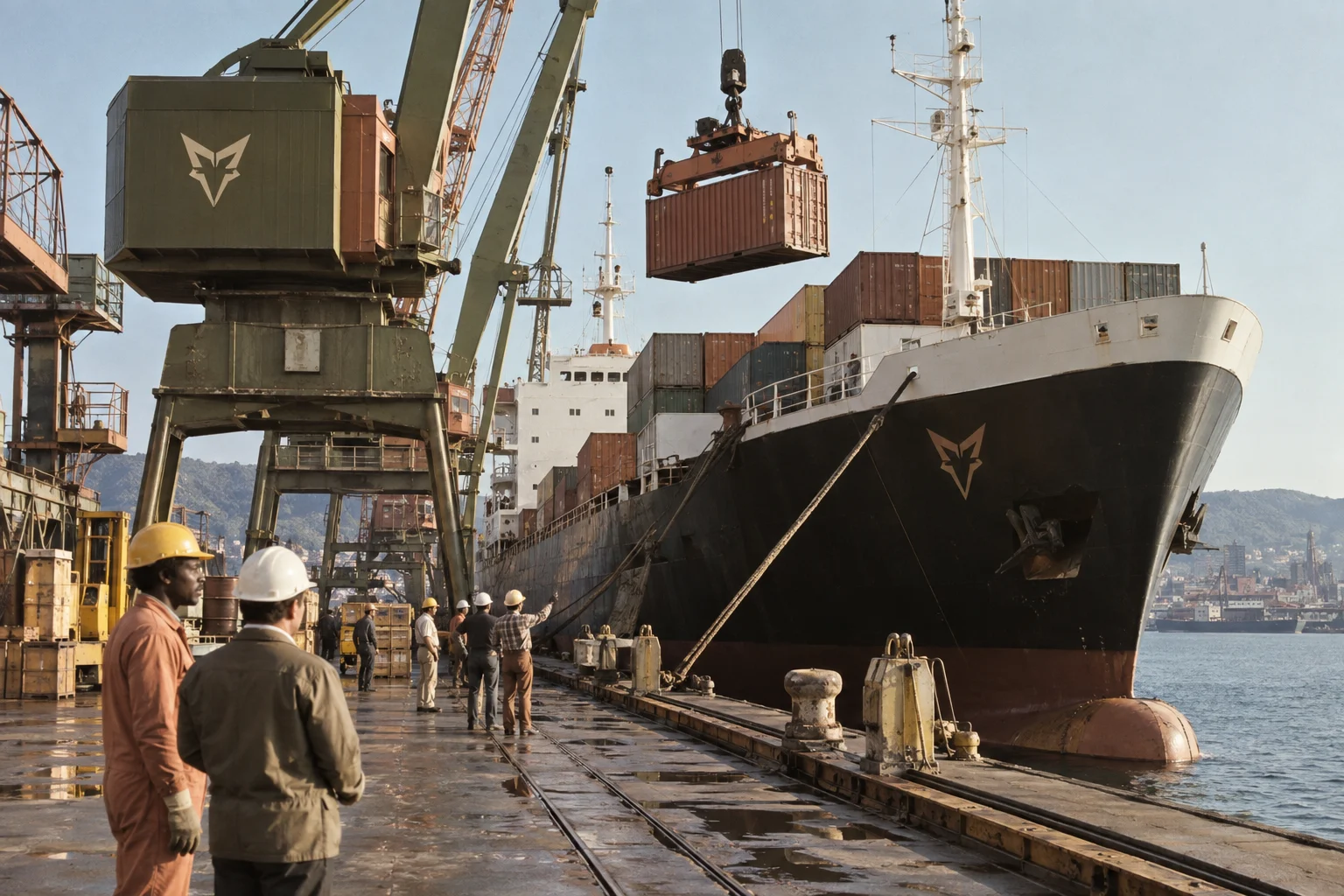 A cargo vessel and container-handling facilities at a port