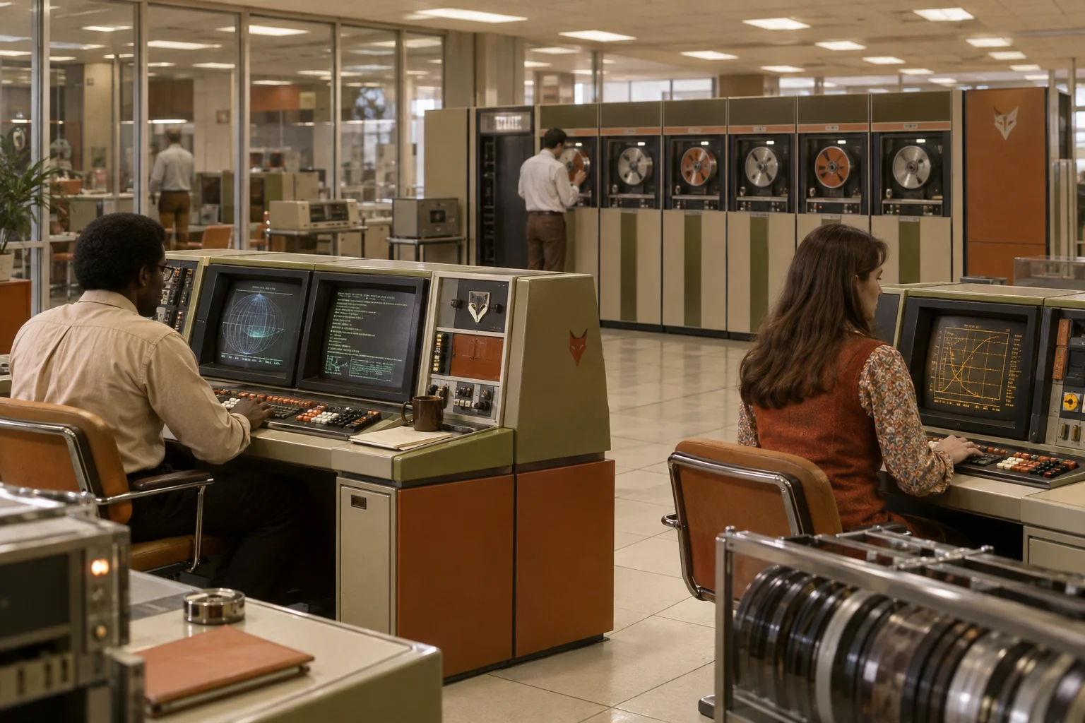Vulpecula computing operators at CRT consoles in a mainframe room