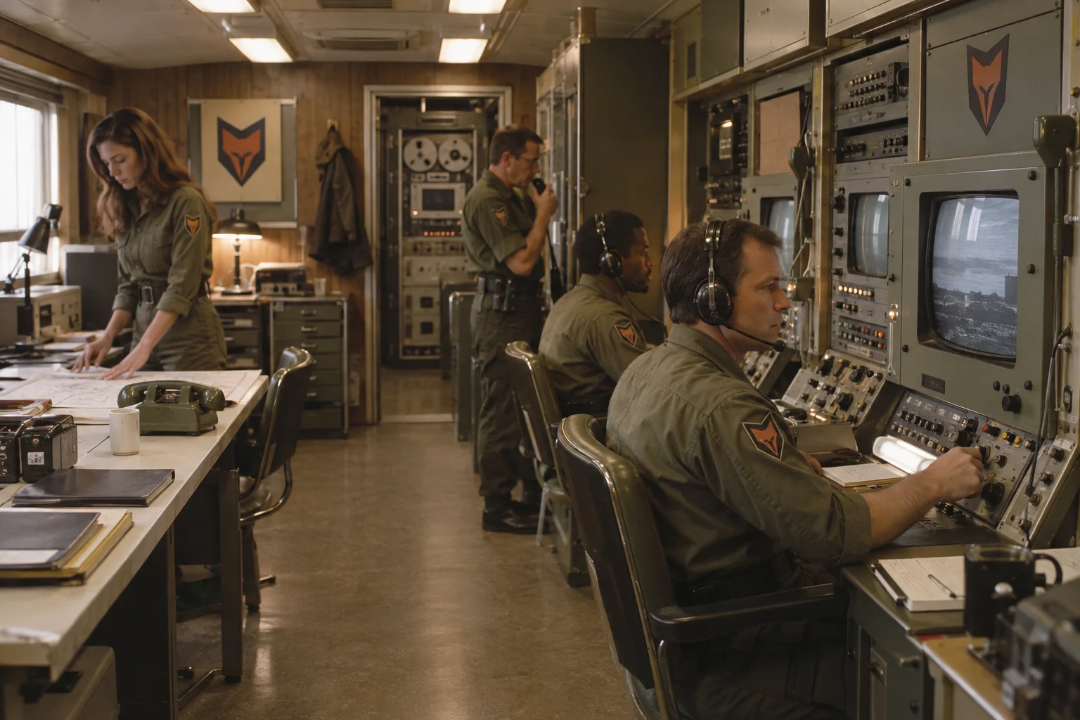 Personnel working at consoles inside a mobile command facility