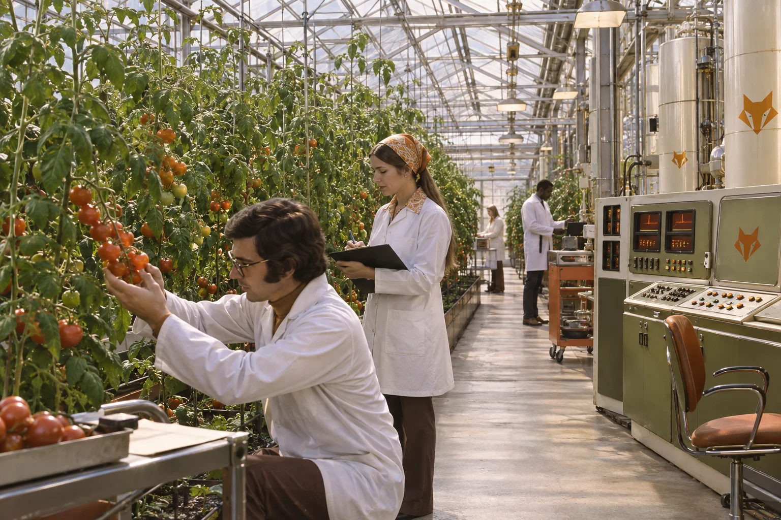 Researchers inspecting crops in a controlled growing environment