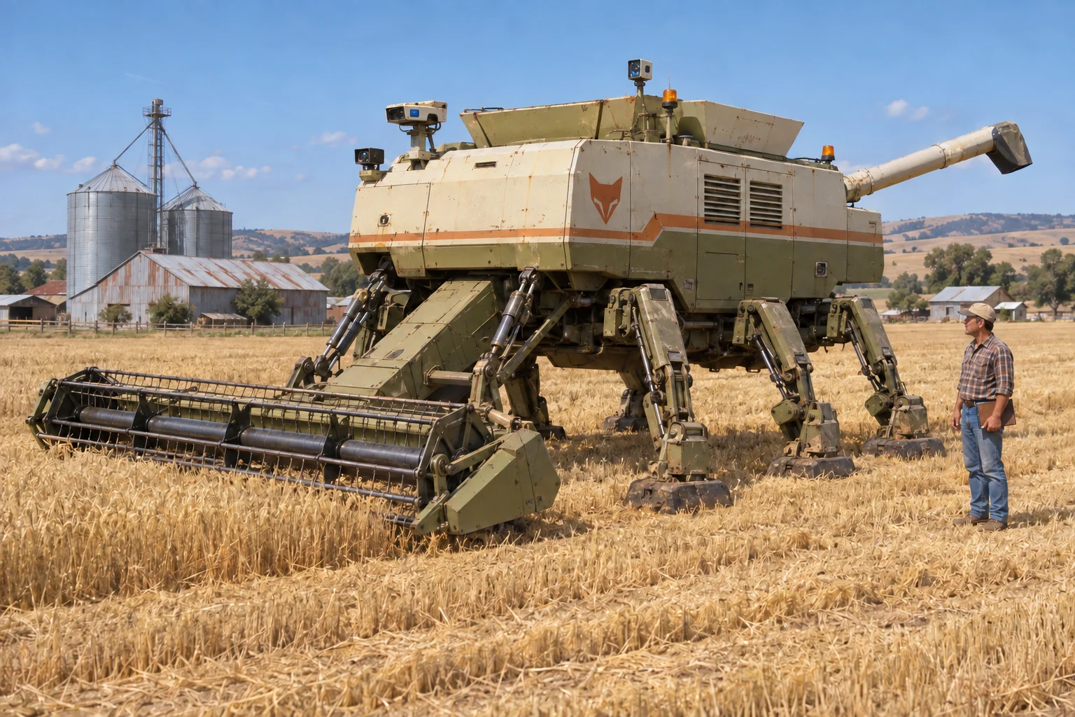 An autonomous six-legged Vulpecula grain harvester beside a farmer