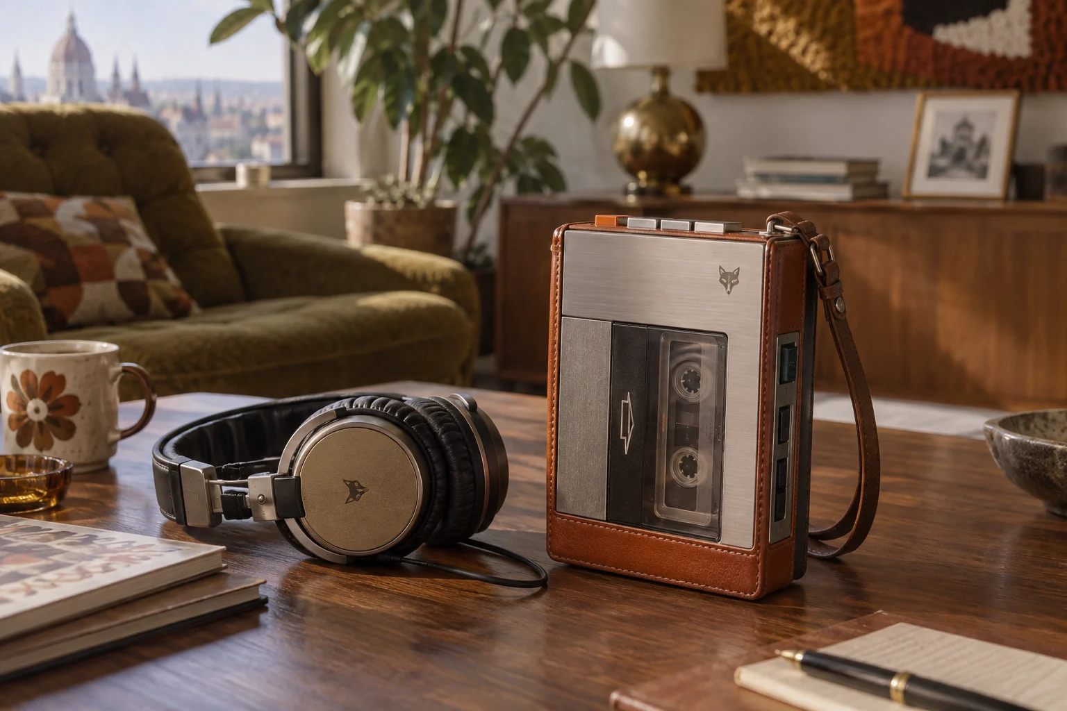 A portable cassette player and headphones