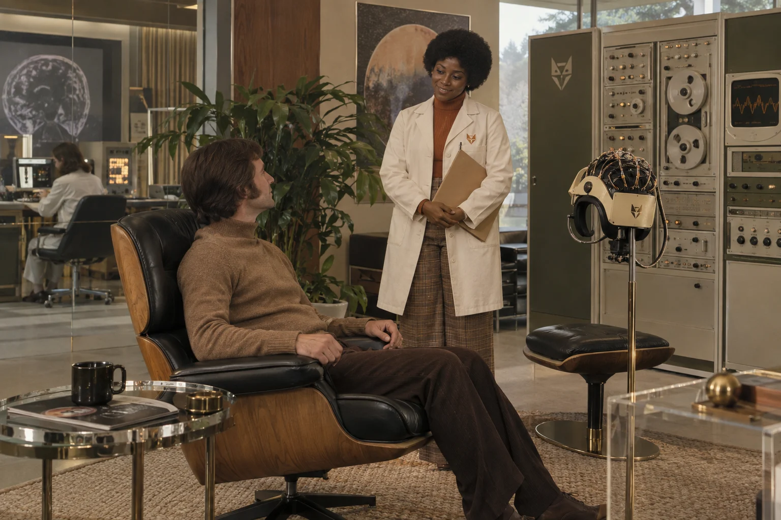 A clinician welcoming a client to a neural-preservation suite