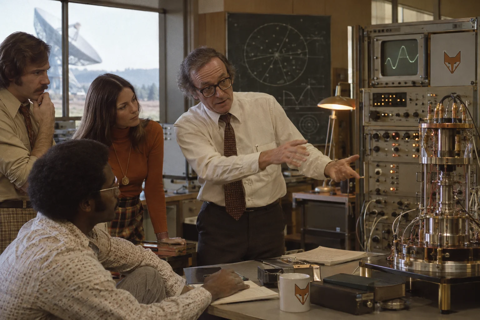 A research team discussing work in an analog computing laboratory