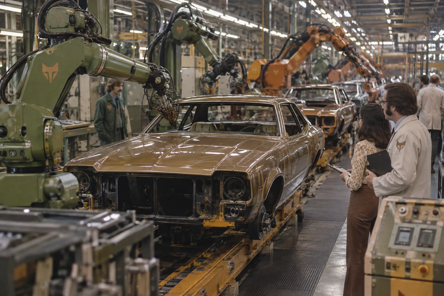 Industrial robots and engineers on a vehicle assembly line