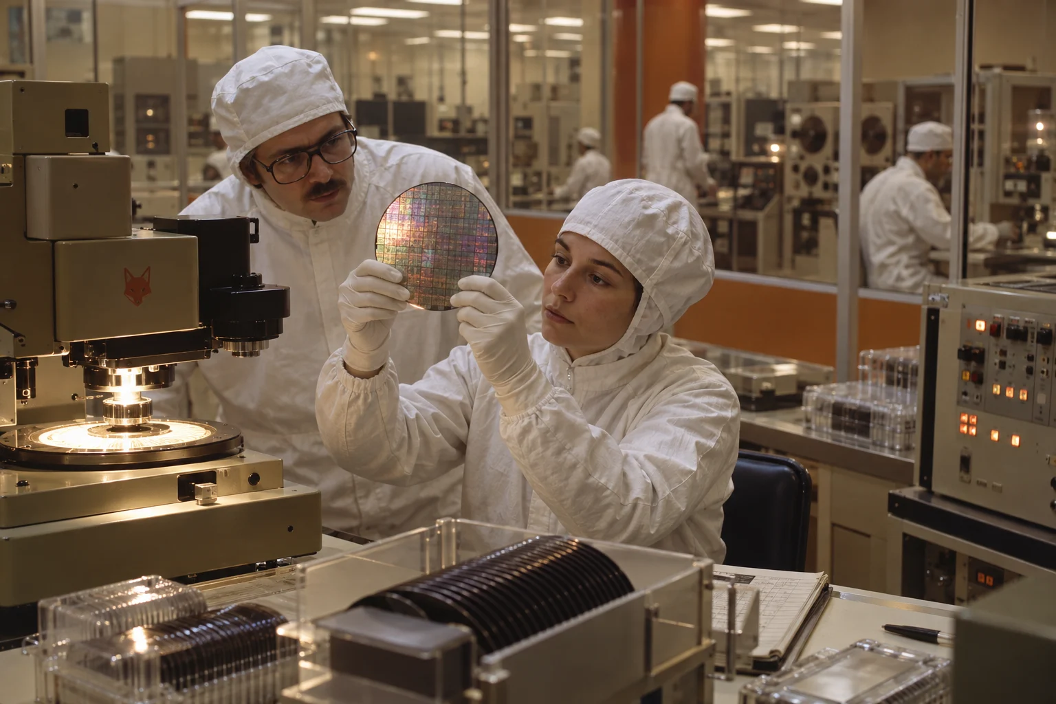 Technicians inspecting wafers in a semiconductor fabrication facility