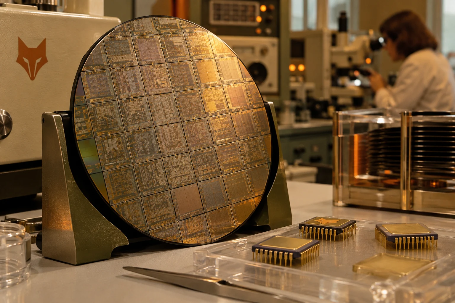 A patterned silicon wafer and packaged Vulpecula semiconductor devices