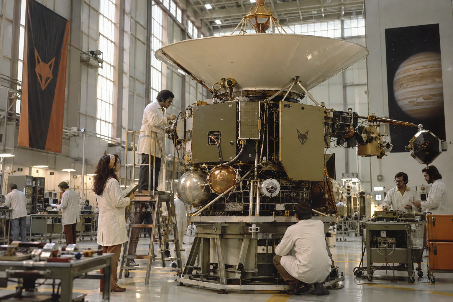 Technicians preparing a spacecraft in an assembly hall