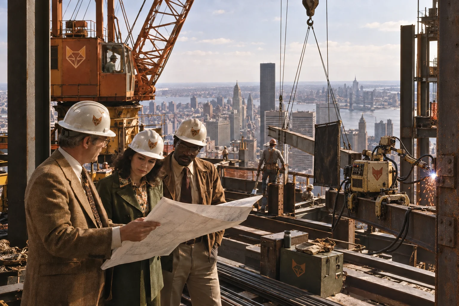 Vulpecula engineers reviewing plans while a girder-mounted robot welds structural steel