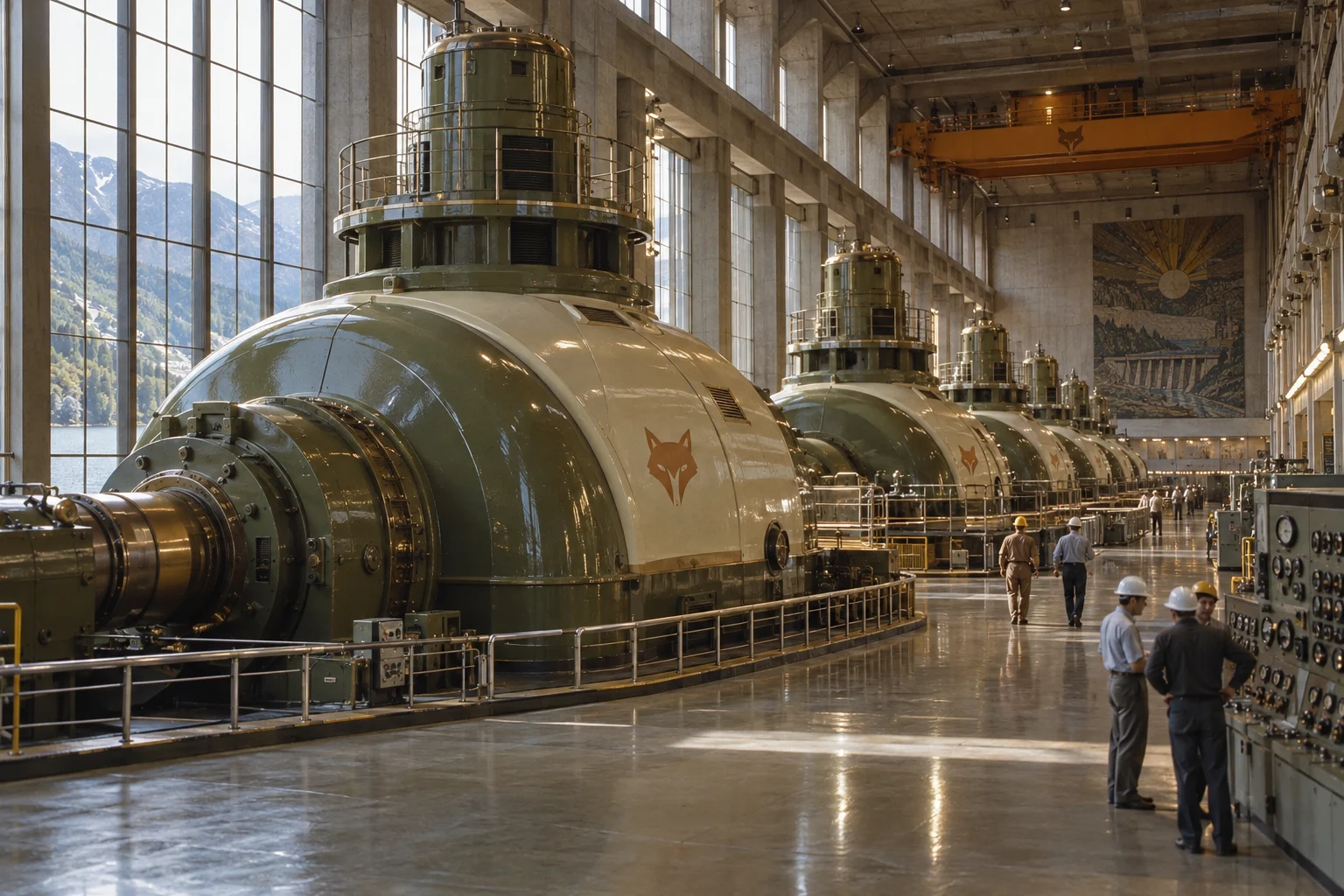 Engineers in a Vulpecula power-station turbine hall