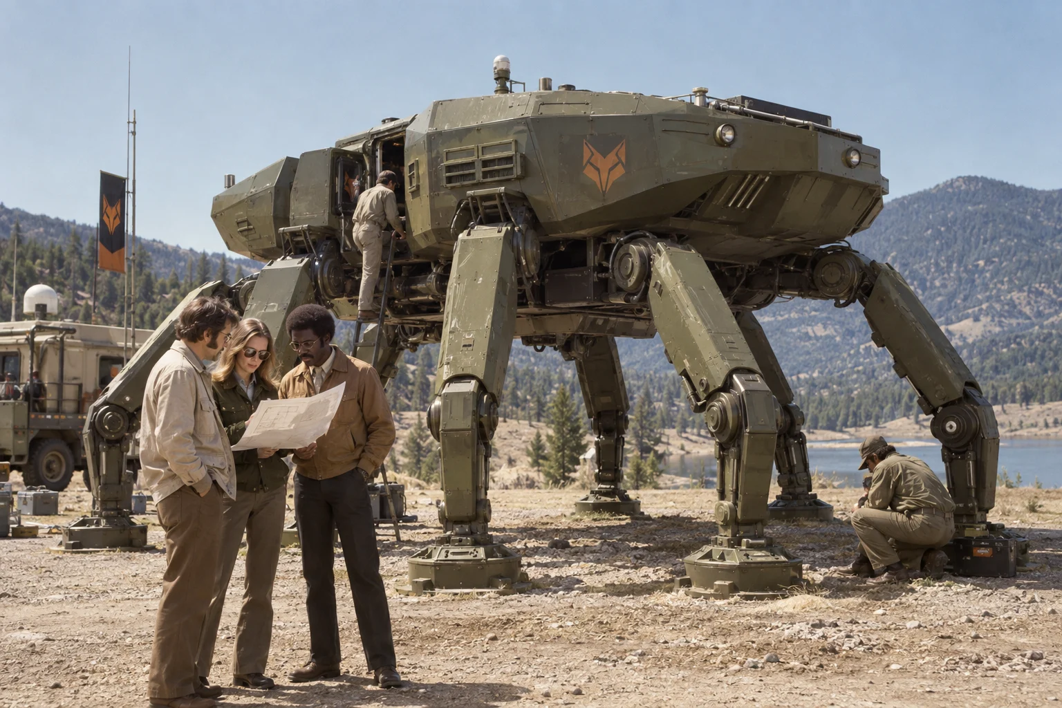 A Vulpecula engineering team beside a heavy mobile platform