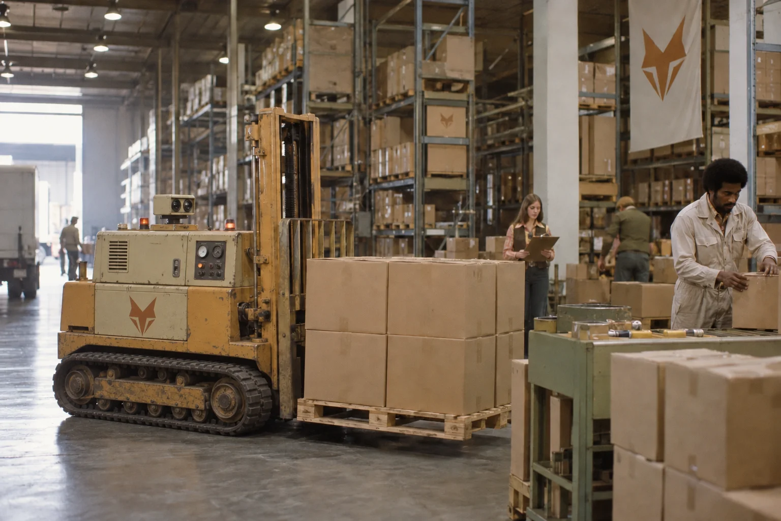 Warehouse staff beside a fully autonomous tracked Vulpecula forklift
